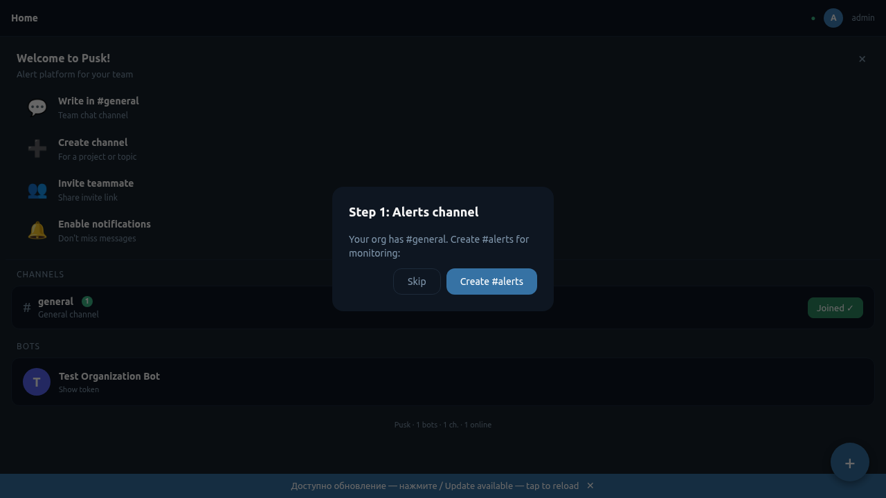 Дашборд Pusk после создания организации